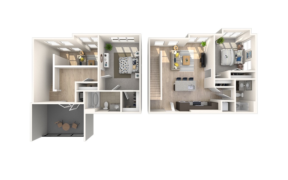 B10 - 2 bedroom floorplan layout with 2 baths and 1385 square feet.