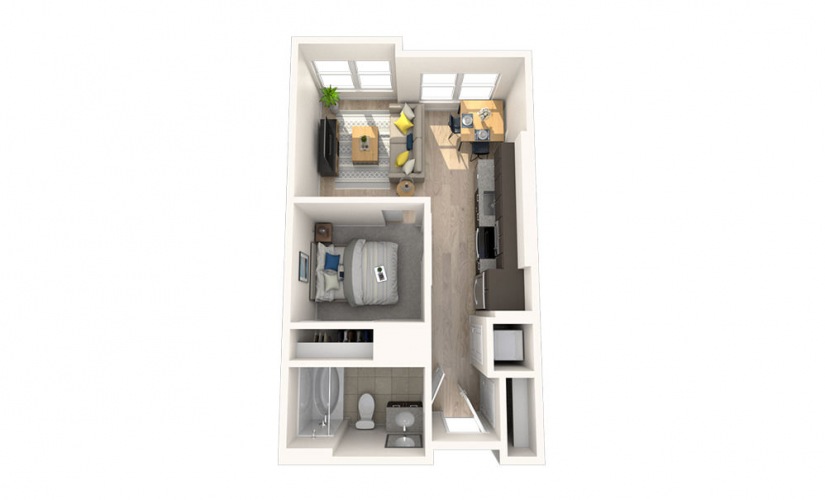 S1a - Studio floorplan layout with 1 bathroom and 600 square feet